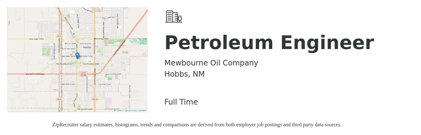 Mewbourne Oil Company job posting for a Petroleum Engineer in Hobbs, NM with a salary of $38,200 to $98,900 Yearly with a map of Hobbs location.