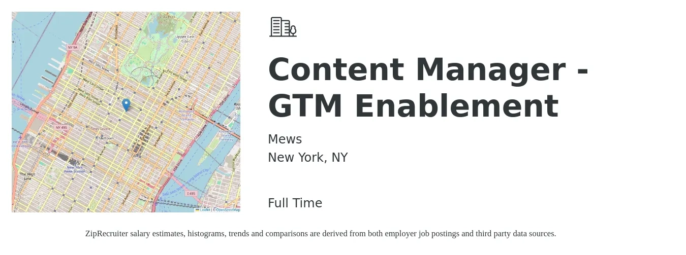 Mews job posting for a Content Manager - GTM Enablement in New York, NY with a salary of $30 to $52 Hourly with a map of New York location.