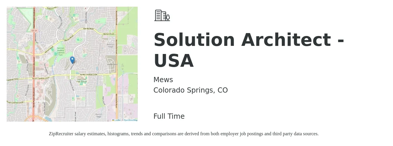 Mews job posting for a Solution Architect - USA in Colorado Springs, CO with a salary of $62 to $82 Hourly with a map of Colorado Springs location.