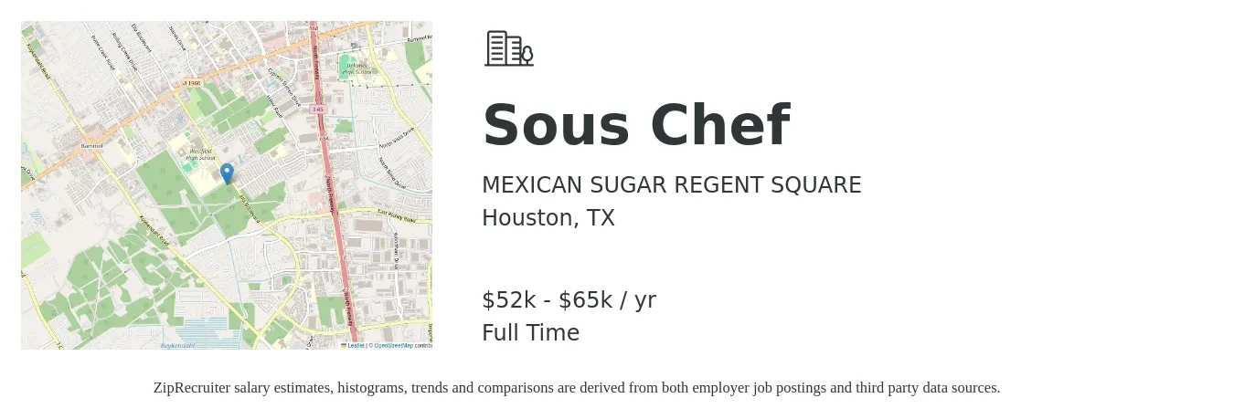 MEXICAN SUGAR REGENT SQUARE job posting for a Sous Chef in Houston, TX with a salary of $52,000 to $65,000 Yearly with a map of Houston location.