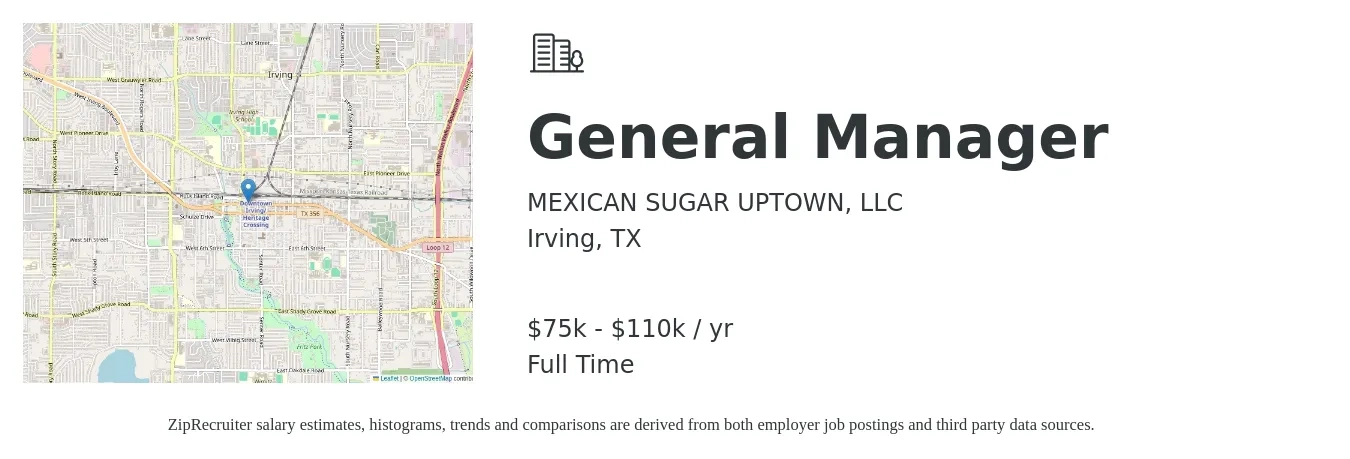 MEXICAN SUGAR UPTOWN, LLC job posting for a General Manager in Irving, TX with a salary of $75,000 to $110,000 Yearly with a map of Irving location.