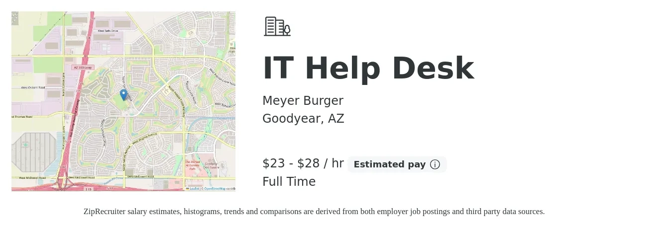 Meyer Burger job posting for a IT Help Desk in Goodyear, AZ with a salary of $24 to $30 Hourly with a map of Goodyear location.