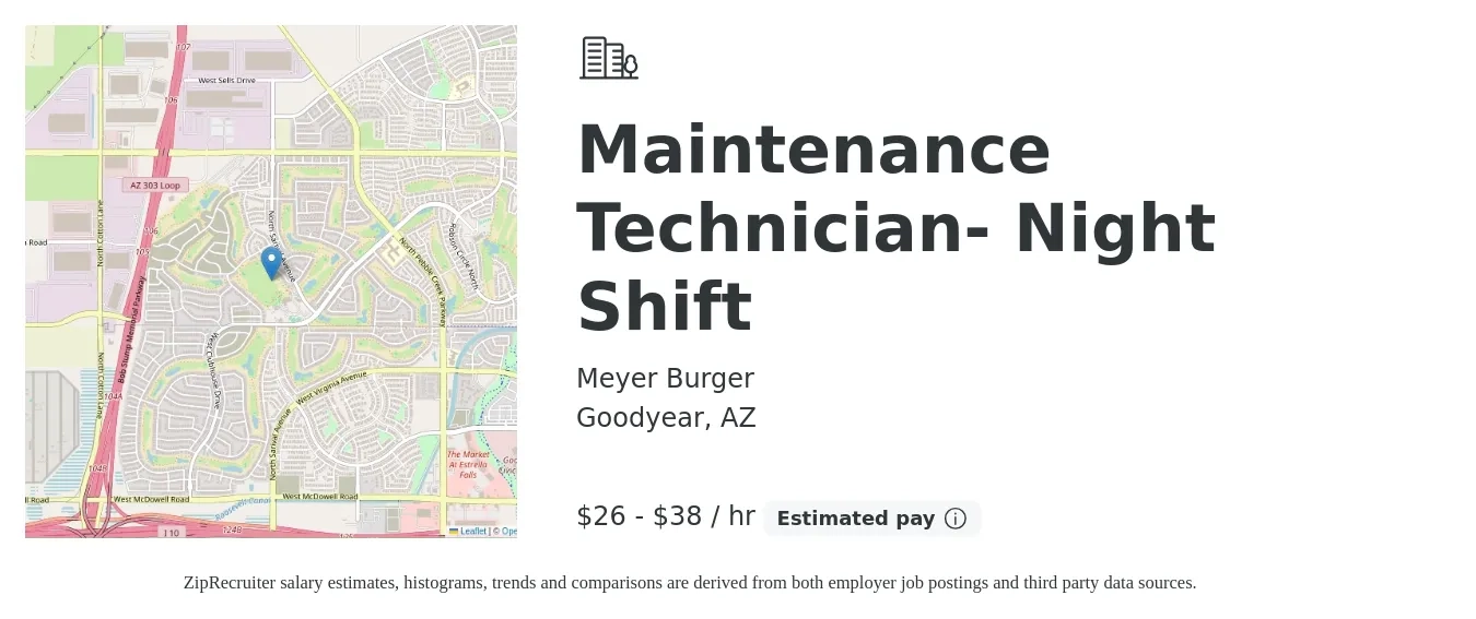Meyer Burger job posting for a Maintenance Technician- Night Shift in Goodyear, AZ with a salary of $28 to $40 Hourly with a map of Goodyear location.