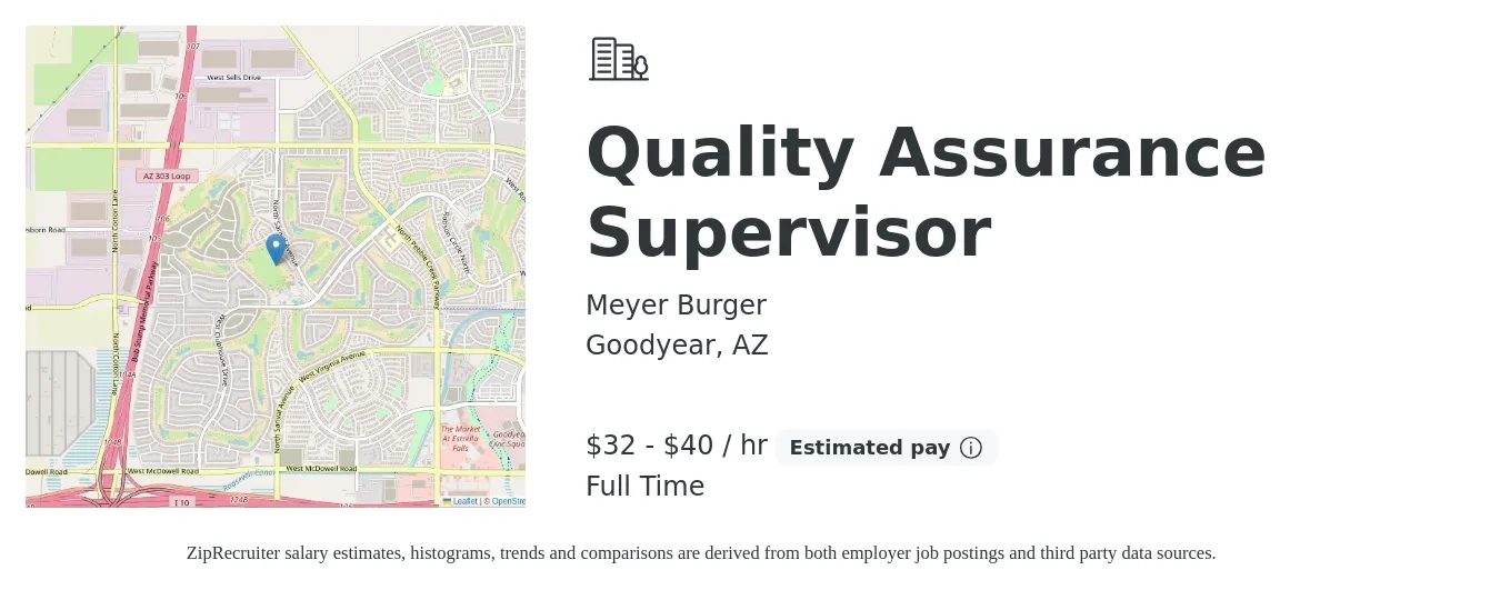 Meyer Burger job posting for a Quality Assurance Supervisor in Goodyear, AZ with a salary of $70,000 to $87,000 Yearly with a map of Goodyear location.