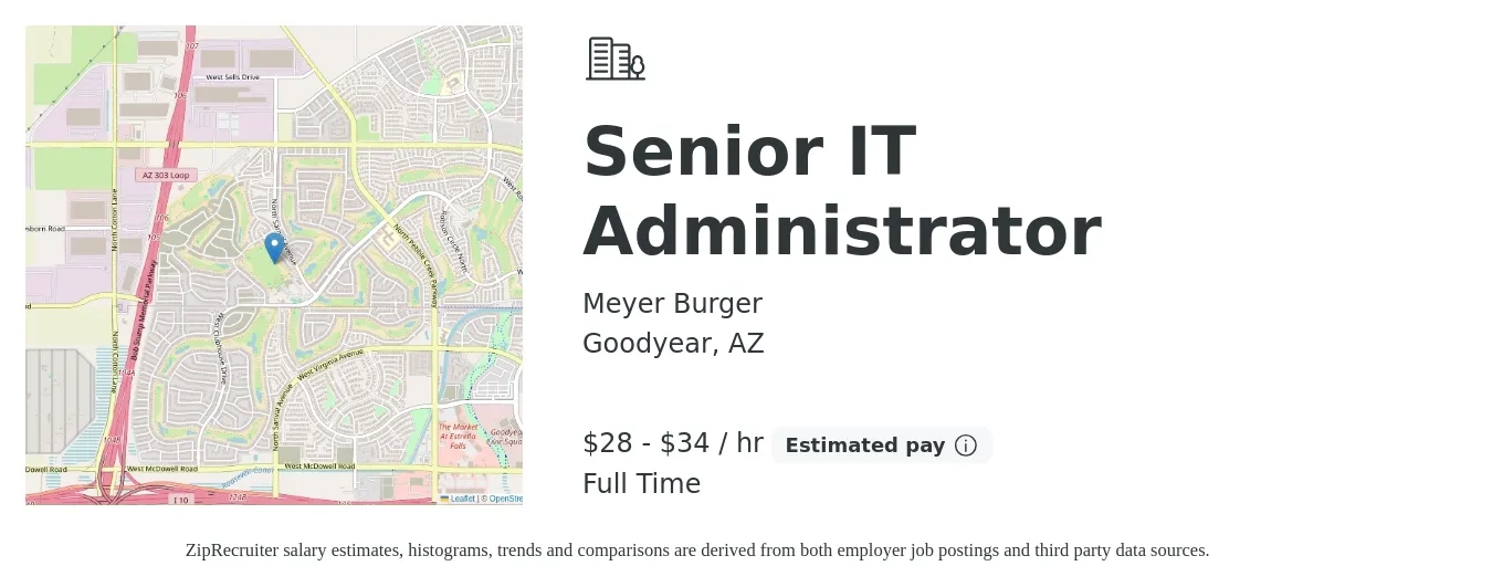 Meyer Burger job posting for a Senior IT Administrator in Goodyear, AZ with a salary of $83,400 to $112,900 Yearly with a map of Goodyear location.
