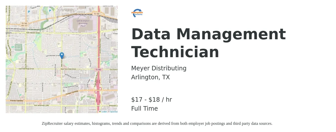 Meyer Distributing job posting for a Data Management Technician in Arlington, TX with a salary of $18 to $19 Hourly with a map of Arlington location.