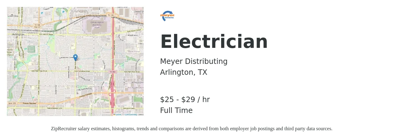 Meyer Distributing job posting for a Electrician in Arlington, TX with a salary of $27 to $31 Hourly with a map of Arlington location.