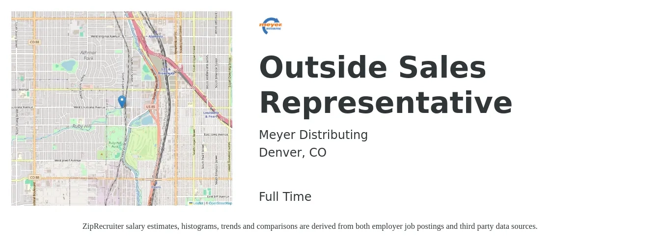 Meyer Distributing job posting for a Outside Sales Representative in Denver, CO with a salary of $54,800 to $93,900 Yearly with a map of Denver location.