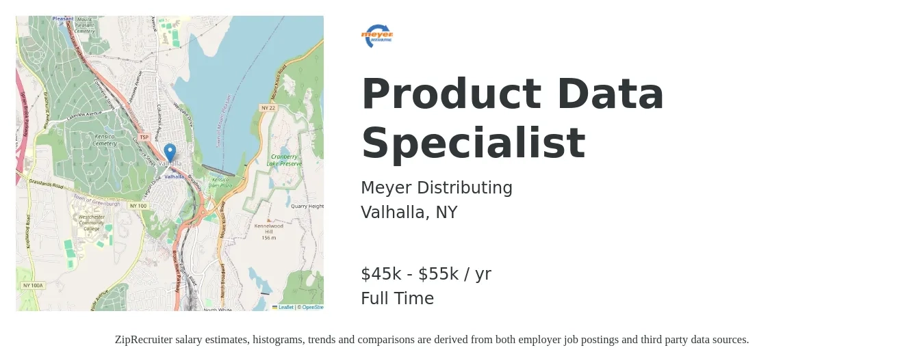 Meyer Distributing job posting for a Product Data Specialist in Valhalla, NY with a salary of $45,000 to $55,000 Yearly with a map of Valhalla location.