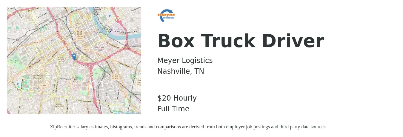 Meyer Logistics job posting for a Box Truck Driver in Nashville, TN with a salary of $22 Hourly with a map of Nashville location.