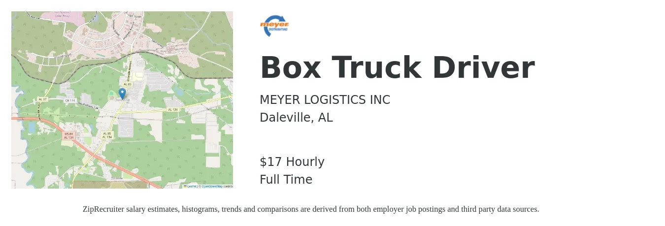 Meyer Logistics job posting for a Box Truck Driver in Daleville, AL with a salary of $18 Hourly with a map of Daleville location.