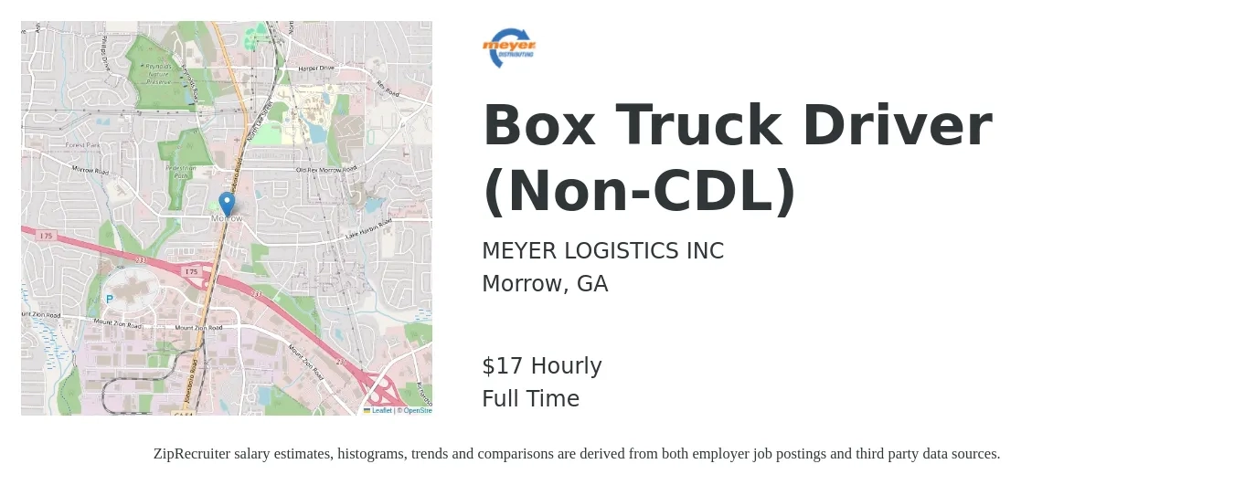 Meyer Logistics job posting for a Box Truck Driver (Non-CDL) in Morrow, GA with a salary of $18 Hourly with a map of Morrow location.