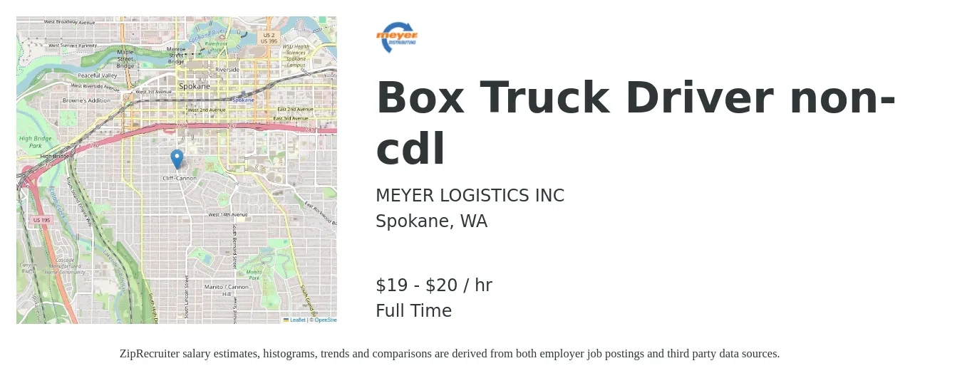 Meyer Logistics job posting for a Box Truck Driver non-cdl in Spokane, WA with a salary of $20 to $20 Hourly with a map of Spokane location.