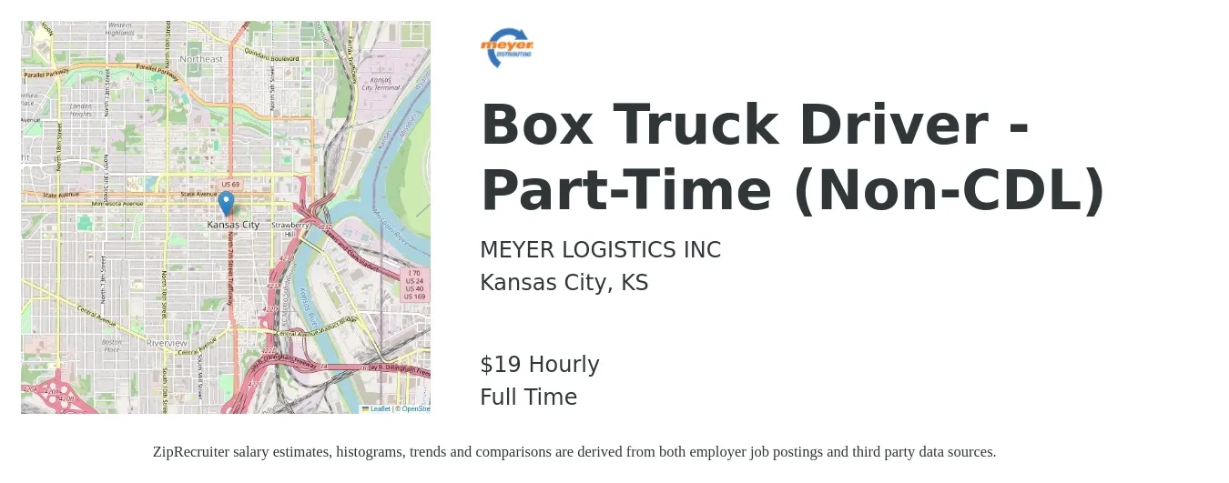 Meyer Logistics job posting for a Box Truck Driver - Part-Time (Non-CDL) in Kansas City, KS with a salary of $20 Hourly with a map of Kansas City location.