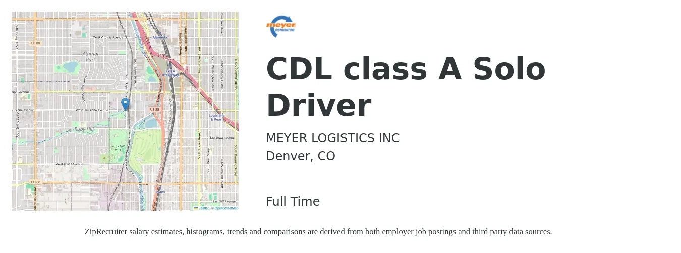 Meyer Logistics job posting for a CDL class A Solo Driver in Denver, CO with a salary of $1,380 to $1,840 Weekly with a map of Denver location.