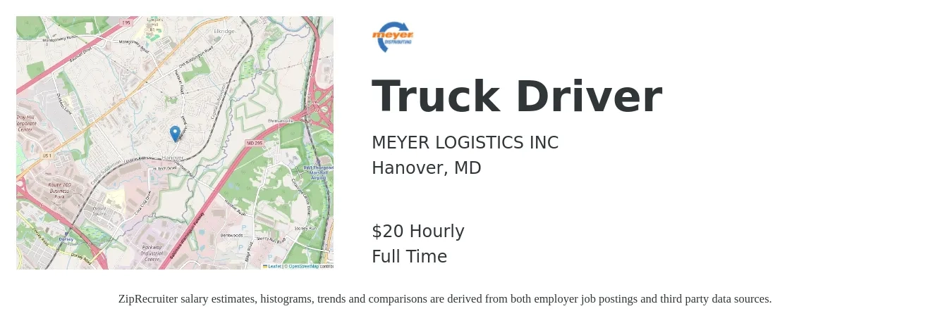 Meyer Logistics job posting for a Truck Driver in Hanover, MD with a salary of $21 Hourly with a map of Hanover location.