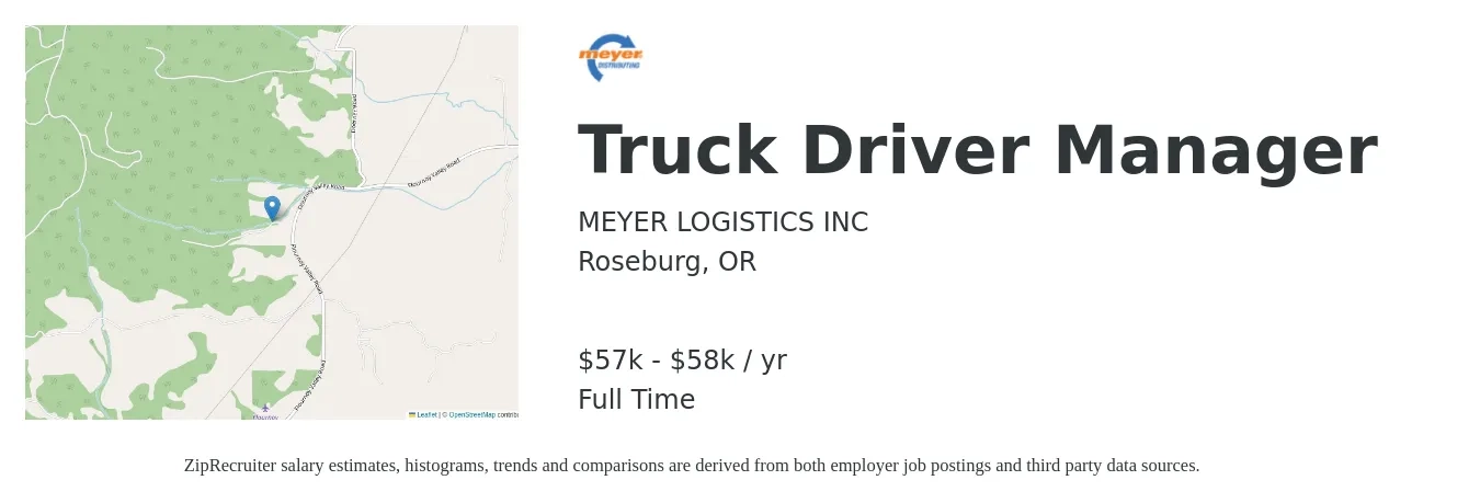Meyer Logistics job posting for a Truck Driver Manager in Roseburg, OR with a salary of $57,500 to $58,500 Yearly with a map of Roseburg location.