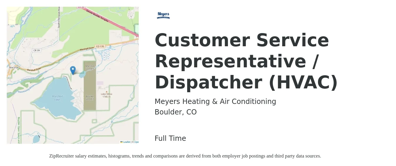 Meyers Heating & Air Conditioning job posting for a Customer Service Representative / Dispatcher (HVAC) in Boulder, CO with a salary of $20 to $25 Hourly with a map of Boulder location.