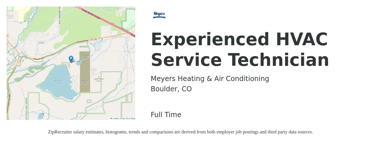 Meyers Heating & Air Conditioning job posting for a Experienced HVAC Service Technician in Boulder, CO with a salary of $80,000 Yearly with a map of Boulder location.