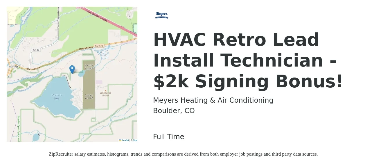 Meyers Heating & Air Conditioning job posting for a HVAC Retro Lead Install Technician - 2K Signing Bonus! in Boulder, CO with a salary of $23 to $34 Hourly with a map of Boulder location.