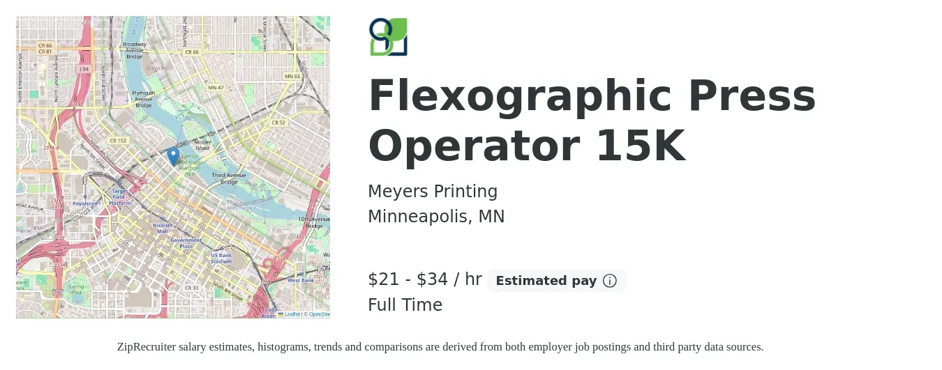 Meyers Printing job posting for a Flexographic Press Operator 15K in Minneapolis, MN with a salary of $22 to $36 Hourly with a map of Minneapolis location.