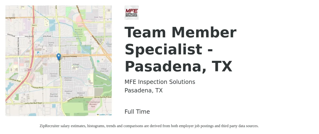 MFE Inspection Solutions job posting for a Team Member Specialist - Pasadena, TX in Pasadena, TX with a salary of $55,000 to $60,000 Yearly with a map of Pasadena location.