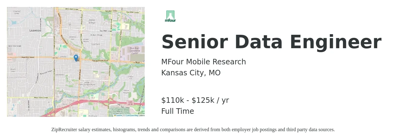 MFour Mobile Research job posting for a Senior Data Engineer in Kansas City, MO with a salary of $110,000 to $125,000 Yearly with a map of Kansas City location.
