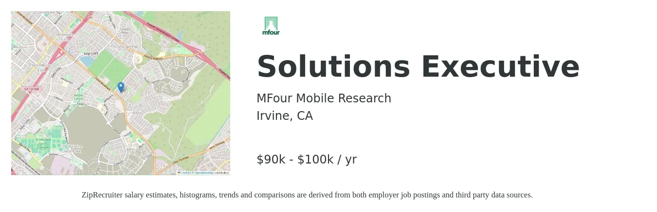 MFour Mobile Research job posting for a Solutions Executive in Irvine, CA with a salary of $90,000 to $100,000 Yearly with a map of Irvine location.