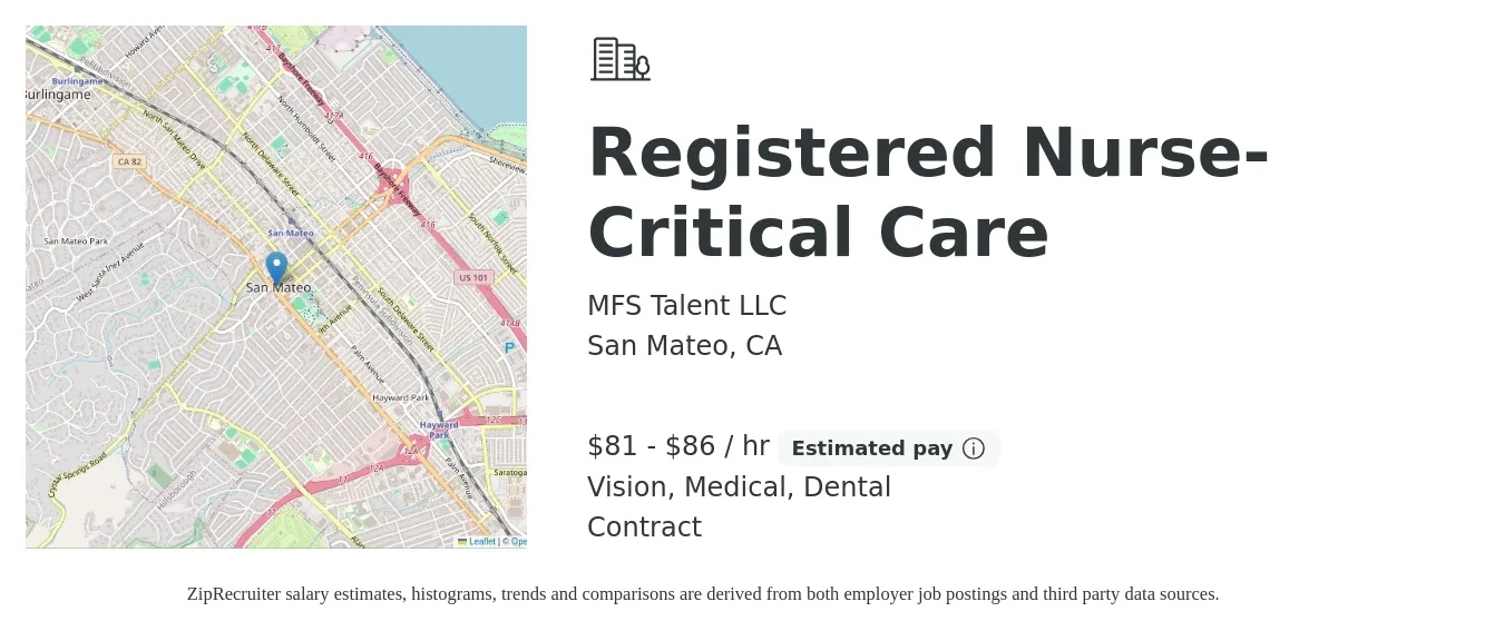 MFS Talent LLC job posting for a Registered Nurse-Critical Care in San Mateo, CA with a salary of $85 to $90 Hourly and benefits including vision, dental, medical, and retirement with a map of San Mateo location.