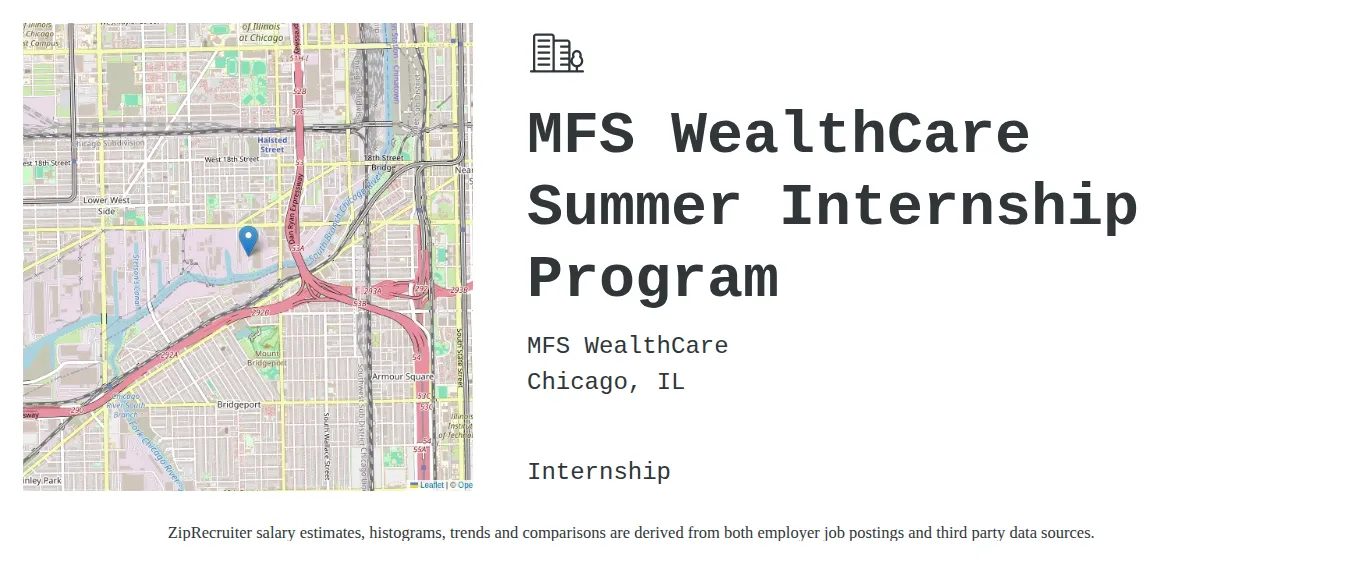 MFS WealthCare job posting for a MFS WealthCare Summer Internship Program in Chicago, IL with a salary of $16 to $19 Hourly with a map of Chicago location.