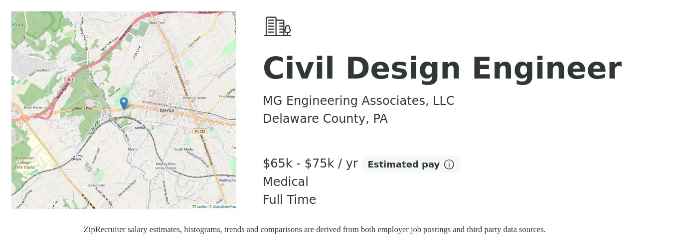 MG Engineering Associates, LLC job posting for a Civil Design Engineer in Delaware County, PA with a salary of $65,000 to $75,000 Yearly and benefits including medical with a map of Delaware County location.