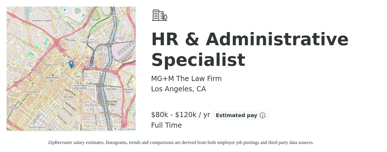 MG+M The Law Firm job posting for a HR & Administrative Specialist in Los Angeles, CA with a salary of $80,000 to $120,000 Yearly with a map of Los Angeles location.