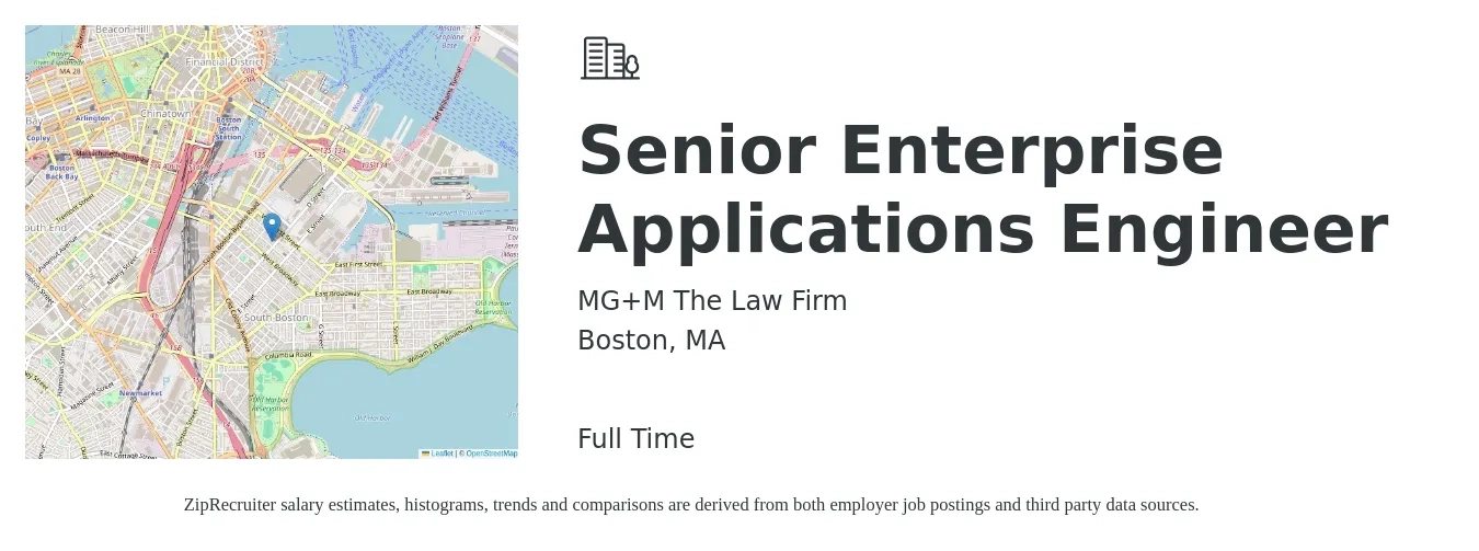MG+M The Law Firm job posting for a Senior Enterprise Applications Engineer in Boston, MA with a salary of $117,000 to $156,500 Yearly with a map of Boston location.