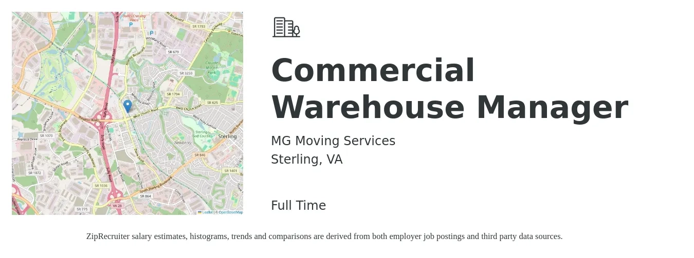 MG Moving Services job posting for a Commercial Warehouse Manager in Sterling, VA with a salary of $50,000 to $70,000 Yearly with a map of Sterling location.
