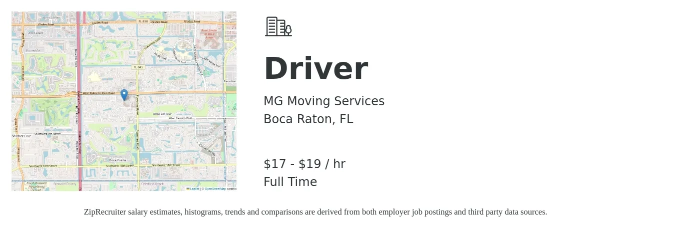MG Moving Services job posting for a Driver in Boca Raton, FL with a salary of $18 to $20 Hourly with a map of Boca Raton location.