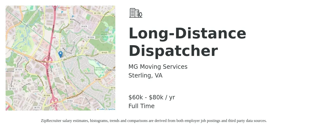 MG Moving Services job posting for a Long-Distance Dispatcher in Sterling, VA with a salary of $65,000 to $75,000 Yearly with a map of Sterling location.