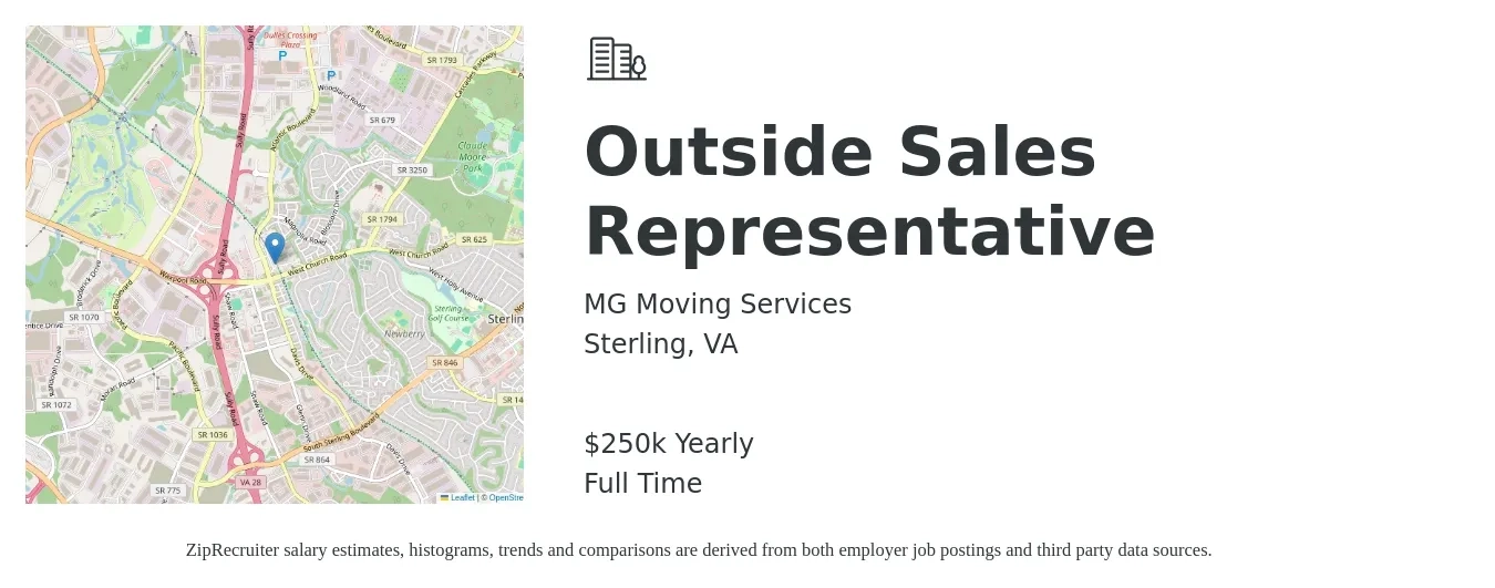 MG Moving Services job posting for a Outside Sales Representative in Sterling, VA with a salary of $250,000 Yearly with a map of Sterling location.