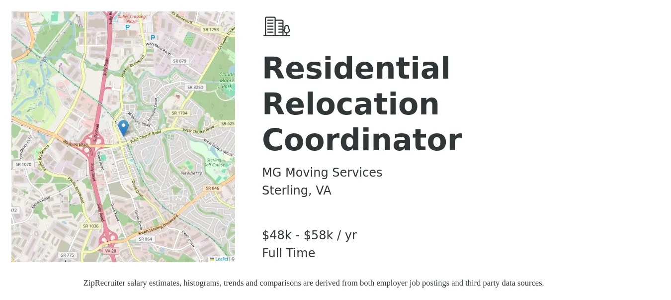 MG Moving Services job posting for a Residential Relocation Coordinator in Sterling, VA with a salary of $48,000 to $58,000 Yearly with a map of Sterling location.