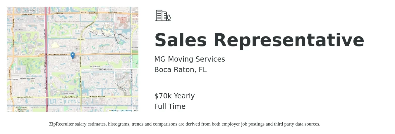 MG Moving Services job posting for a Sales Representative in Boca Raton, FL with a salary of $250,000 Yearly with a map of Boca Raton location.