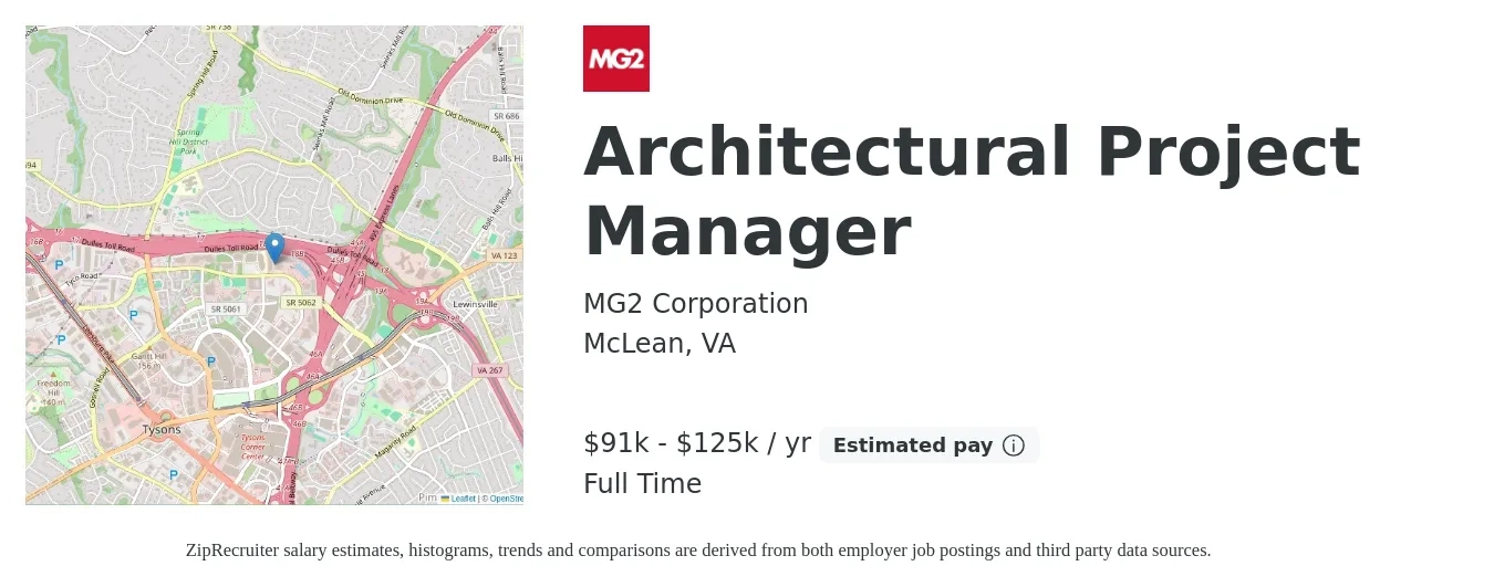 MG2 Corporation job posting for a Architectural Project Manager in McLean, VA with a salary of $91,000 to $125,000 Yearly with a map of McLean location.
