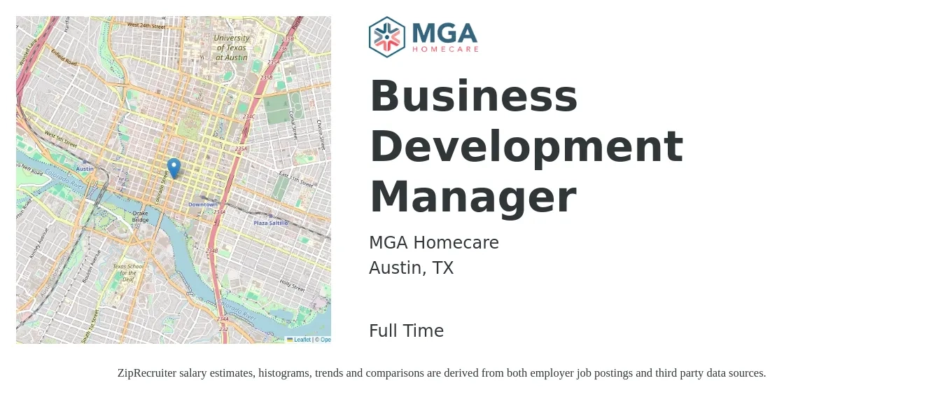 MGA Homecare job posting for a Business Development Manager in Austin, TX with a salary of $60,500 to $99,100 Yearly with a map of Austin location.