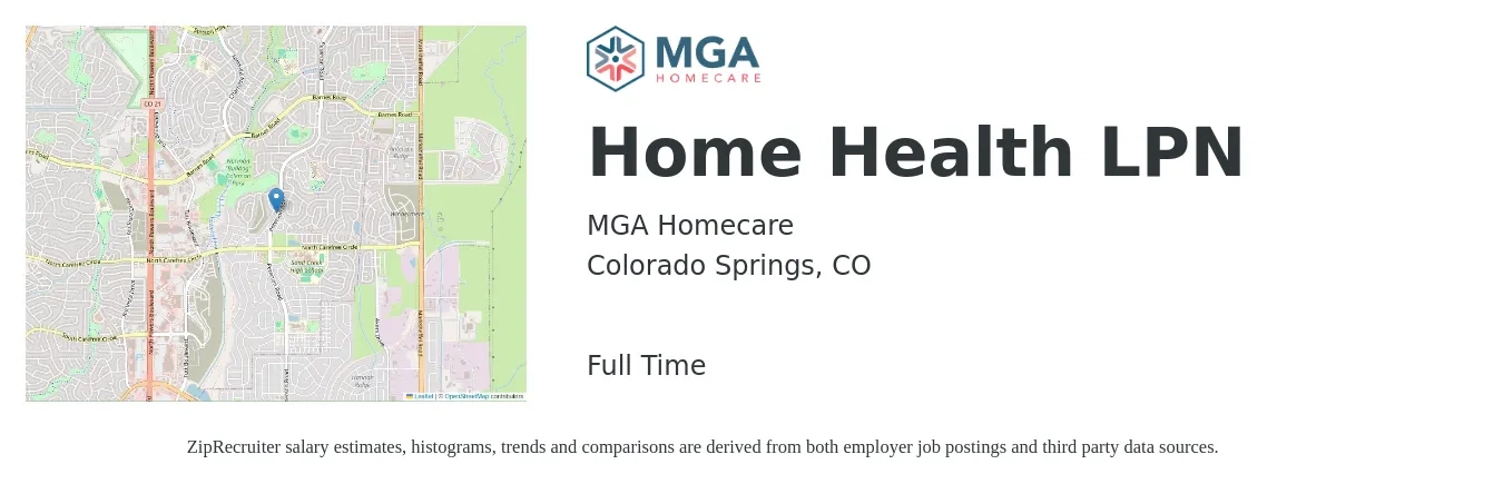 MGA Homecare job posting for a Home Health LPN in Colorado Springs, CO with a salary of $31,000 Yearly with a map of Colorado Springs location.
