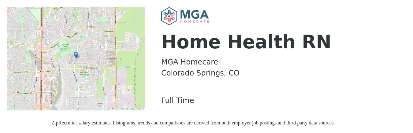 MGA Homecare job posting for a Home Health RN in Colorado Springs, CO with a salary of $46,800 to $91,520 Yearly with a map of Colorado Springs location.