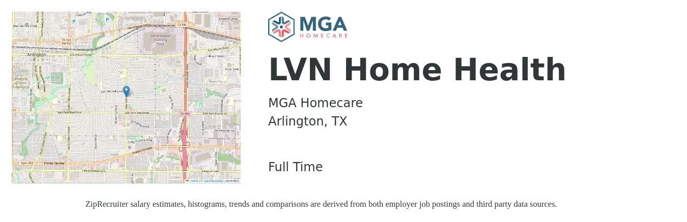 MGA Homecare job posting for a LVN Home Health in Arlington, TX with a salary of $25 to $32 Hourly with a map of Arlington location.