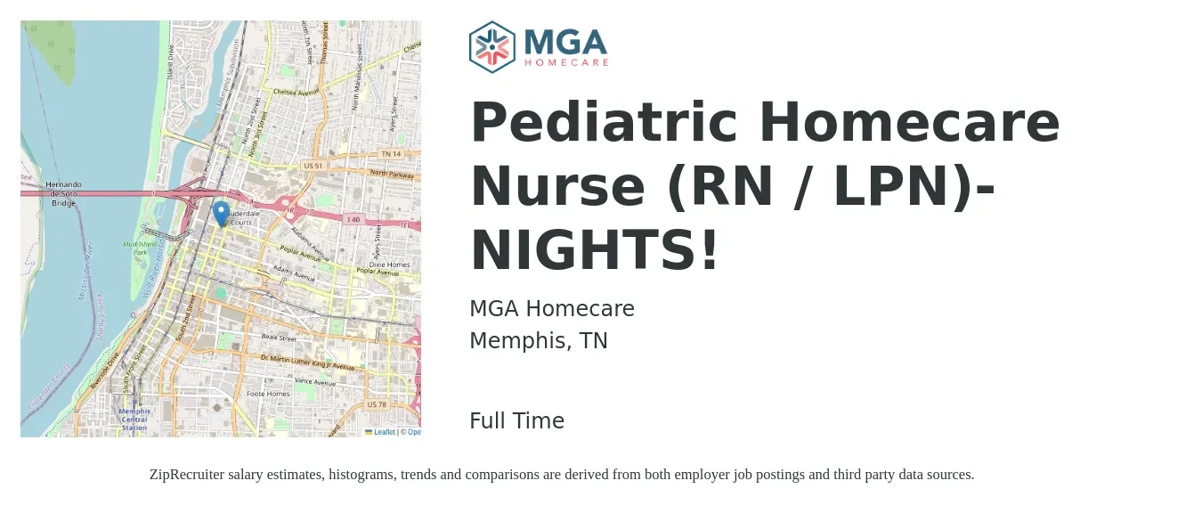 MGA Homecare job posting for a Pediatric Homecare Nurse (RN / LPN)- NIGHTS! in Memphis, TN with a salary of $50,000 to $80,000 Yearly with a map of Memphis location.