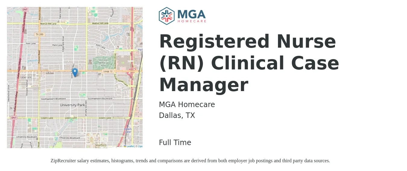 MGA Homecare job posting for a Registered Nurse (RN) Clinical Case Manager in Dallas, TX with a salary of $36 to $59 Hourly with a map of Dallas location.