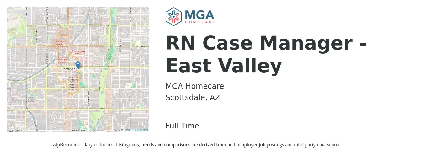 MGA Homecare job posting for a RN Case Manager - East Valley in Scottsdale, AZ with a salary of $37 to $60 Hourly with a map of Scottsdale location.