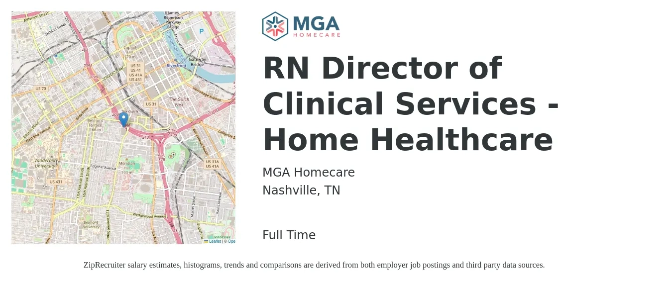 MGA Homecare job posting for a RN Director of Clinical Services - Home Healthcare in Nashville, TN with a salary of $77,300 to $105,300 Yearly with a map of Nashville location.