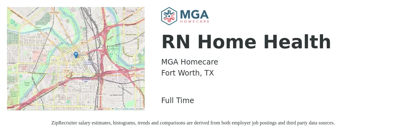 MGA Homecare job posting for a RN Home Health in Fort Worth, TX with a salary of $1,520 to $2,280 Weekly with a map of Fort Worth location.