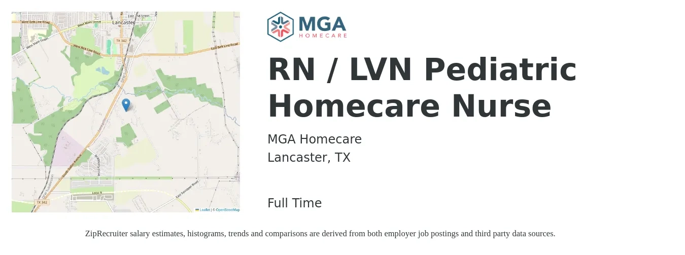 MGA Homecare job posting for a RN / LVN Pediatric Homecare Nurse in Lancaster, TX with a salary of $28 to $39 Hourly with a map of Lancaster location.